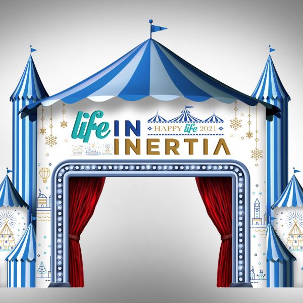 Circus blue tent stage with blank space as a group of big top carnival tents with a red curtain opening entrance as a fun entertainment icon for a theatrical party festival as a 3D illustration.